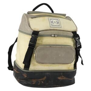 CHANEL Sports Line COCO Mark Backpack Nylon Leather Beige Silver CC Auth 155766